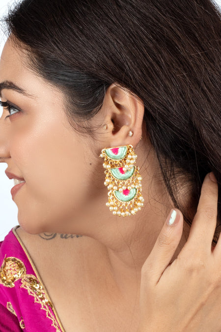 Geometric Mint & Palace Pink Embroidered Dangler Earrings for Indian Festivals - Image 2