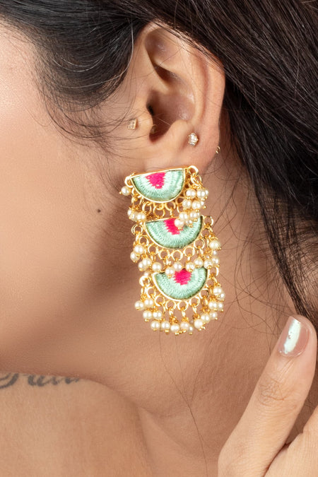 Geometric Mint & Palace Pink Embroidered Dangler Earrings for Indian Festivals - Image 3