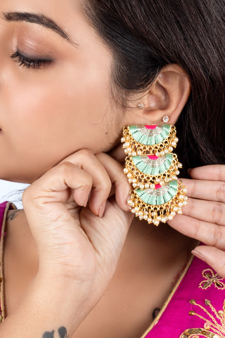 Aquamarine Mandala Mint Blue & Blush Pink Embroidered Dangler Earrings - Image 2