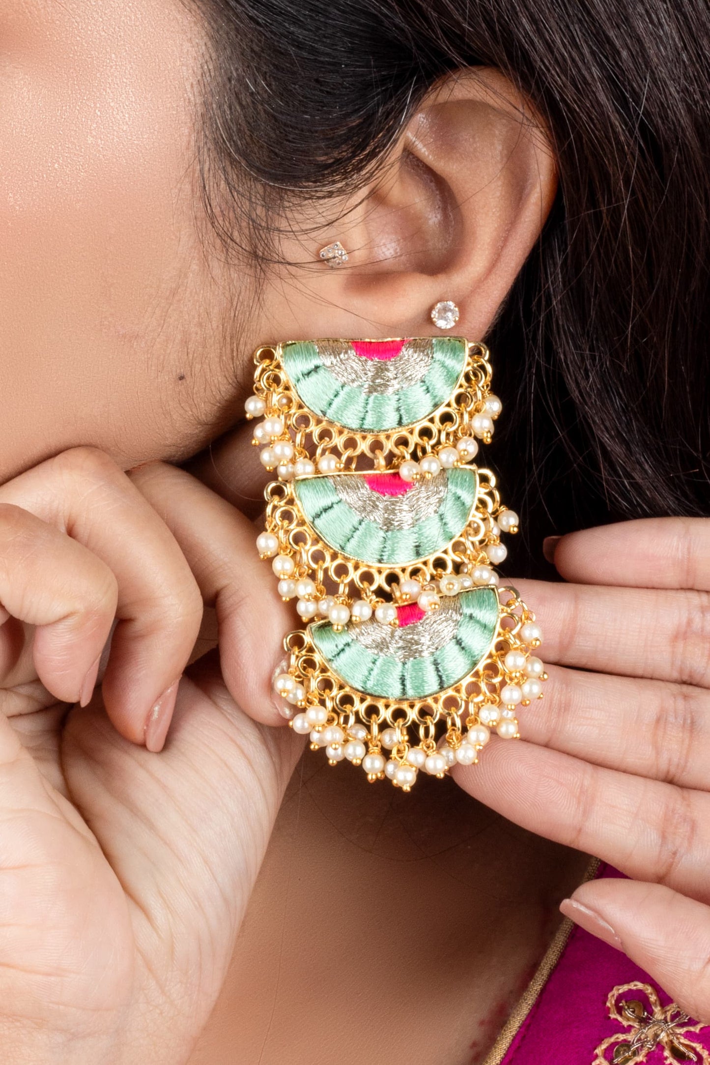 Aquamarine Mandala Mint Blue & Blush Pink Embroidered Dangler Earrings