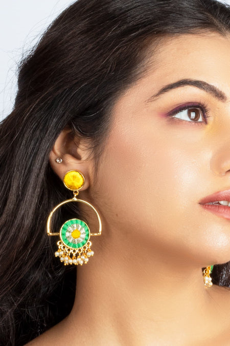 Fuscia And Lucite Green Silk Embroidered Round Earrings - Image 2