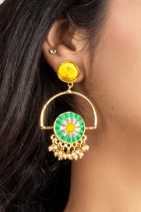 Fuscia And Lucite Green Silk Embroidered Round Earrings - Image 3