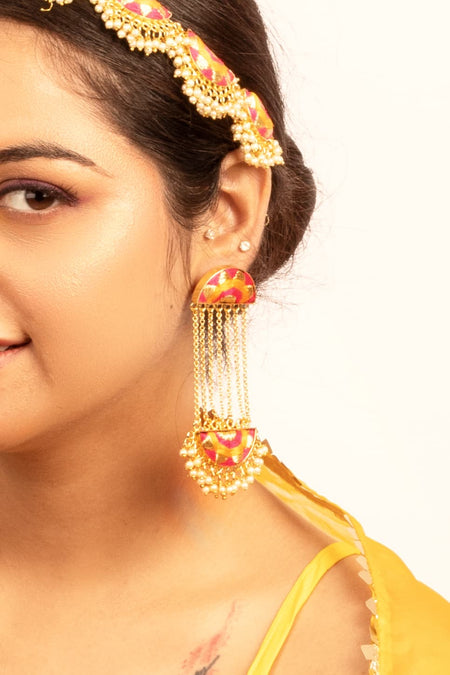 Sunshine Blush Hot Pink & Mustard Yellow Embroidered Tassel Earrings - Image 2