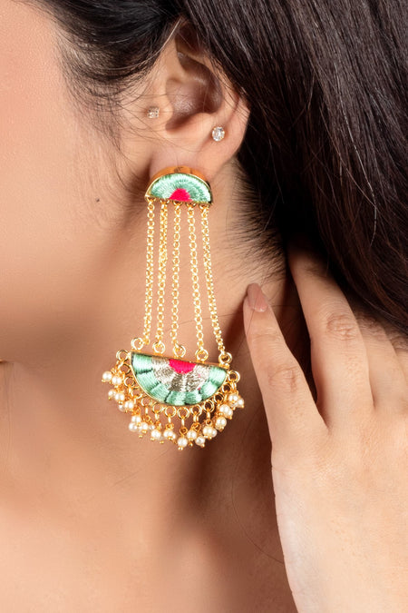 Teal Bloom Mandala Festive Tassels Earrings - Image 3