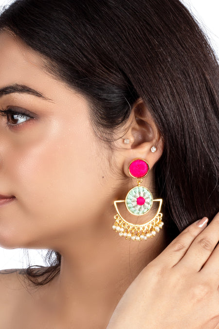 Aqua Blue & Lotus Pink Mandala Drop Earrings - Image 2