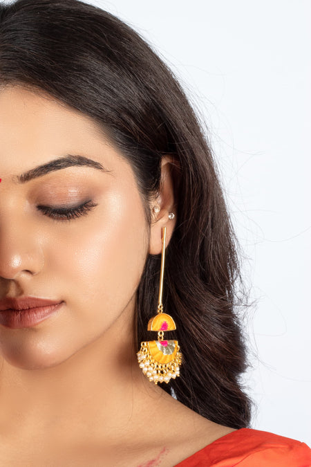 Lush Sunshine Dangler Earrings Embroidered in Mustard Yellow & Hot Pink Silk Threads--2--image