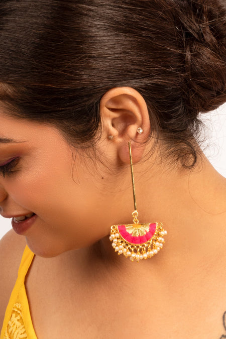 Sunburst Charm Hot Pink &  Mustard Yellow Silk Embroidered Danglers - Image 2
