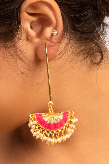 Sunburst Charm Hot Pink &  Mustard Yellow Silk Embroidered Danglers - Image 3