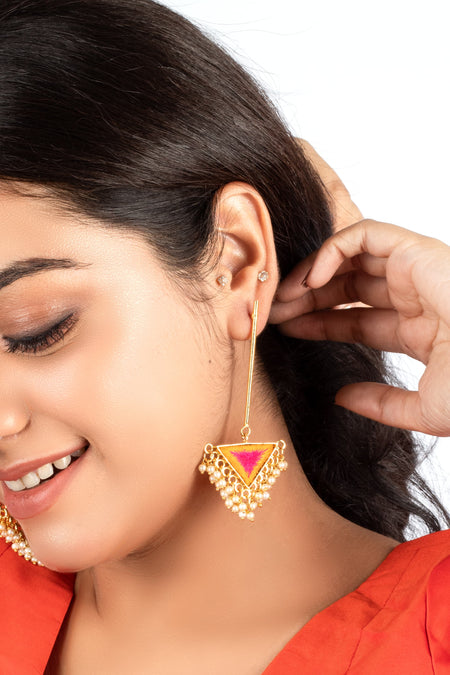 Sunlit Iris Mustard Yellow & Hot Pink Dangler Earrings For - Image 2