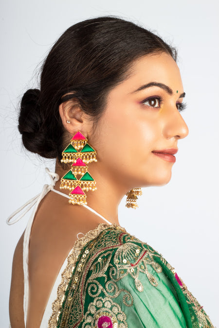 Sage Leaf & Pink Tiny Triangle Embroidered Dangler Earrings - Image 1