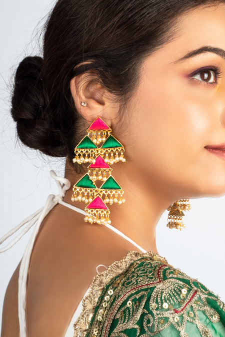 Sage Leaf & Pink Tiny Triangle Embroidered Dangler Earrings - Image 2