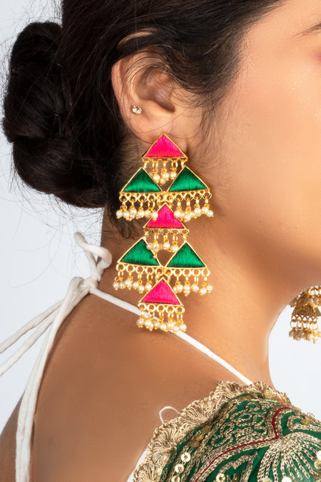 Sage Leaf & Pink Tiny Triangle Embroidered Dangler Earrings - Image 3