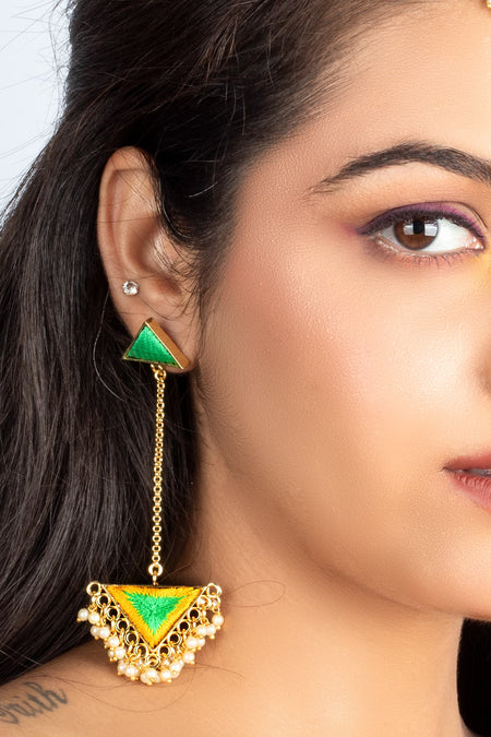 Green Whimsy & Lemon Yellow Silk Embroidery Earrings - Image 2