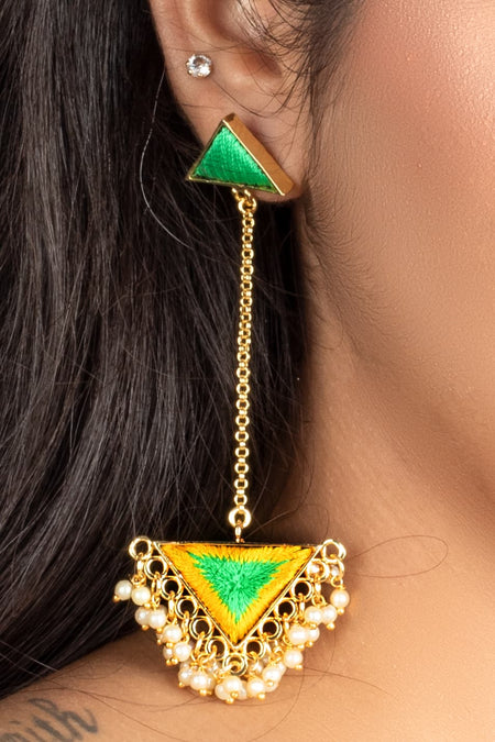 Green Whimsy & Lemon Yellow Silk Embroidery Earrings - Image 3