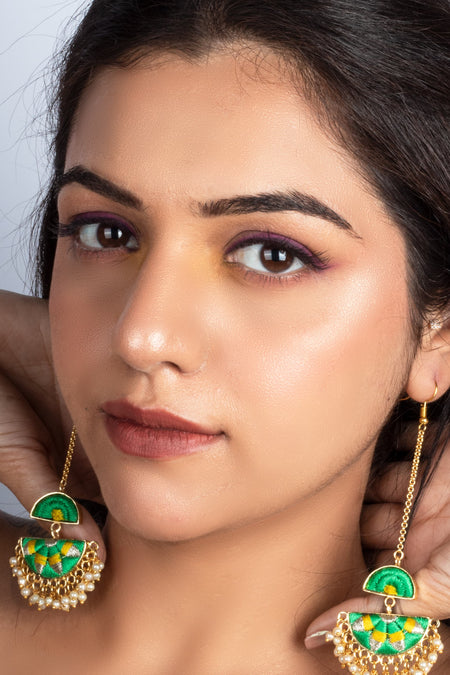 Cadmium Green And Playful Yellow Silk Embroidered  Earrings - Image 2