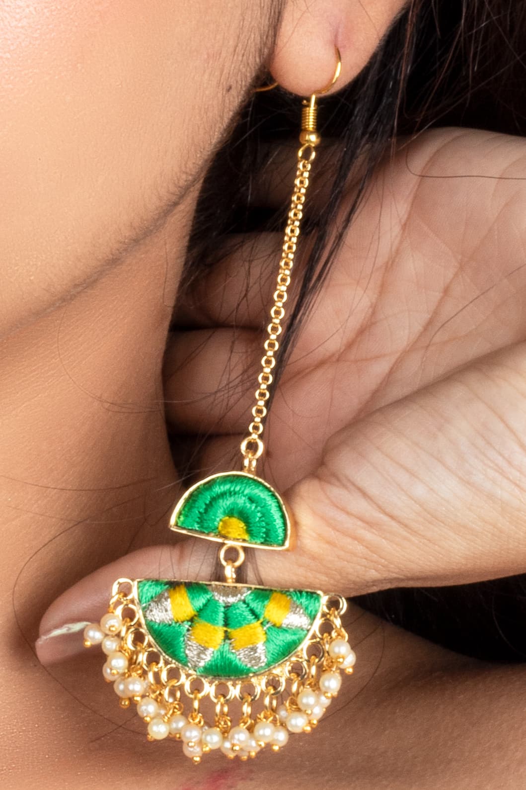 Cadmium Green And Playful Yellow Silk Embroidered Earrings