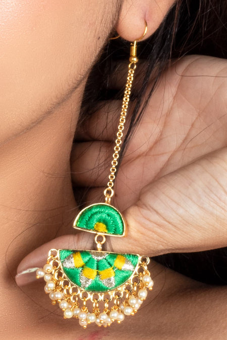 Cadmium Green And Playful Yellow Silk Embroidered  Earrings - Image 3