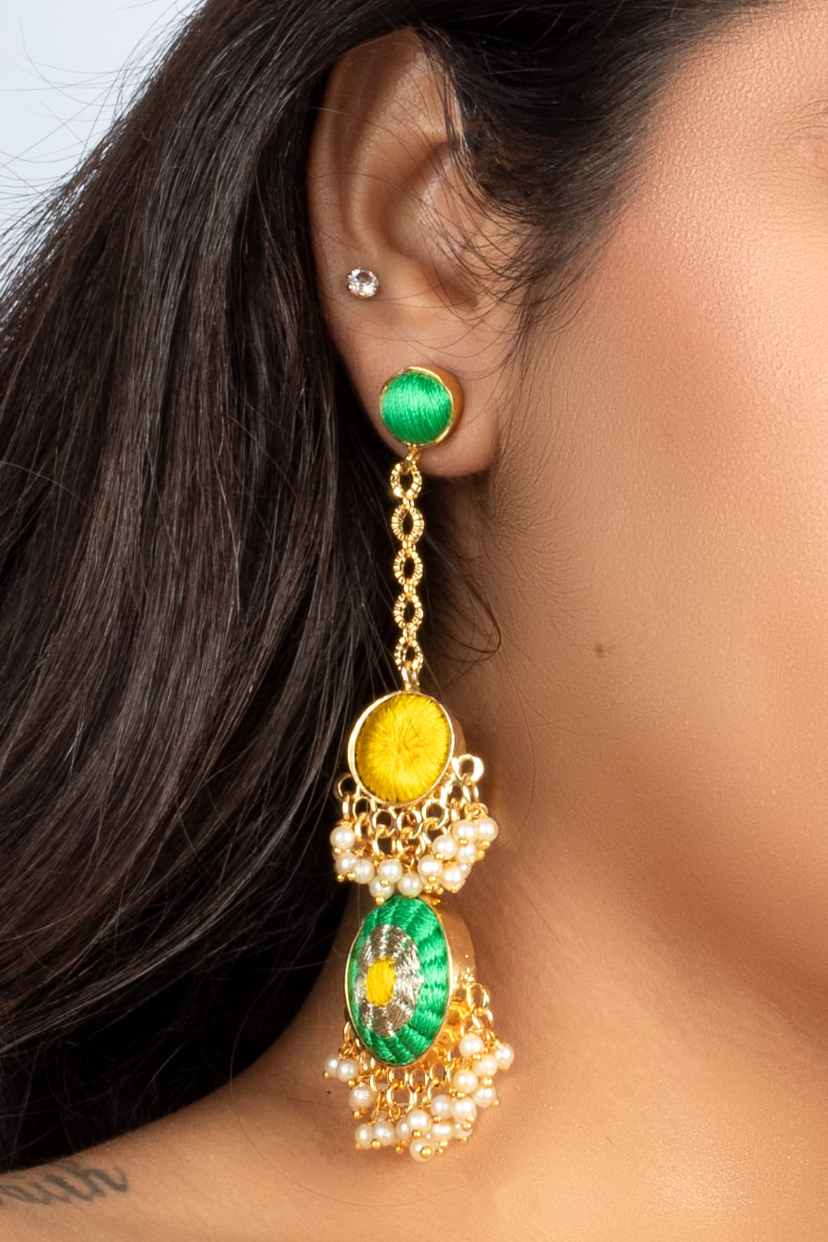 Poppy Sage & Yellow Embroidered Round Earrings