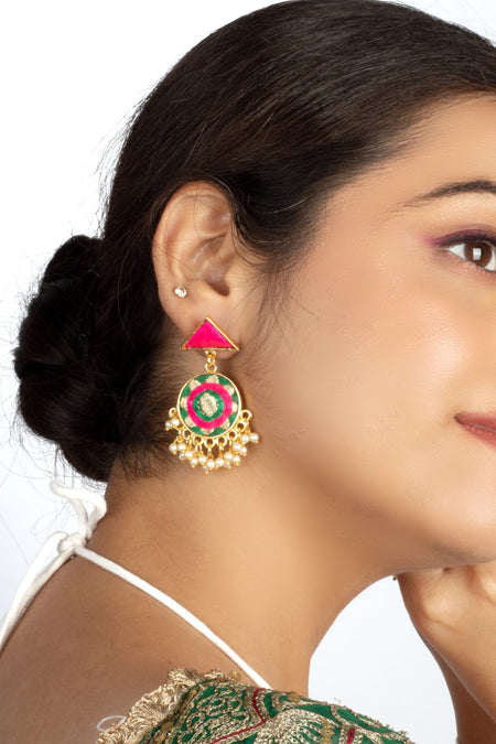 Basil Green & Mexican Pink Circular Embroidered Earrings - Image 2