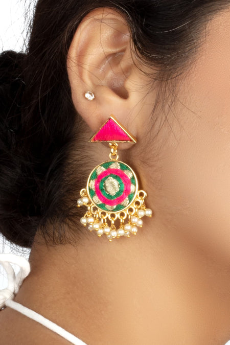 Basil Green & Mexican Pink Circular Embroidered Earrings - Image 3