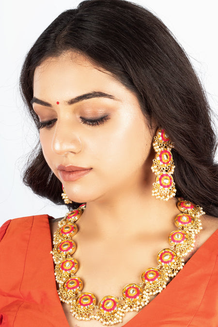 (Only Necklace) Marigold Garden Mustard Yellow & Lotus Pink Hand-Crafted Necklace - Image 1