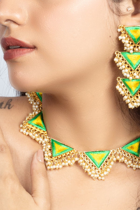 (Only Necklace) Zenith Green & Poppy Yellow Embroidered Necklace For Haldi - Image 2