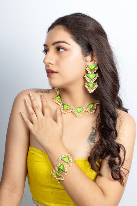 (Only Necklace) Zenith Green & Poppy Yellow Embroidered Necklace For Haldi - Image 1