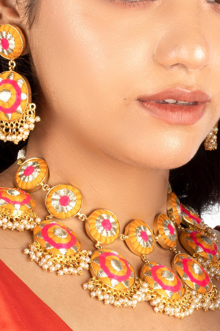 (Only Necklace) Bright Blossom Mustard & Pink Thread Necklace For Pre-Wedding Occasion - Mustard Yellow - Image 2
