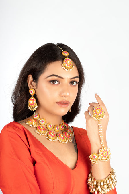 (Only Necklace) Bright Blossom Mustard & Pink Thread Necklace For Pre-Wedding Occasion - Mustard Yellow - Image 1