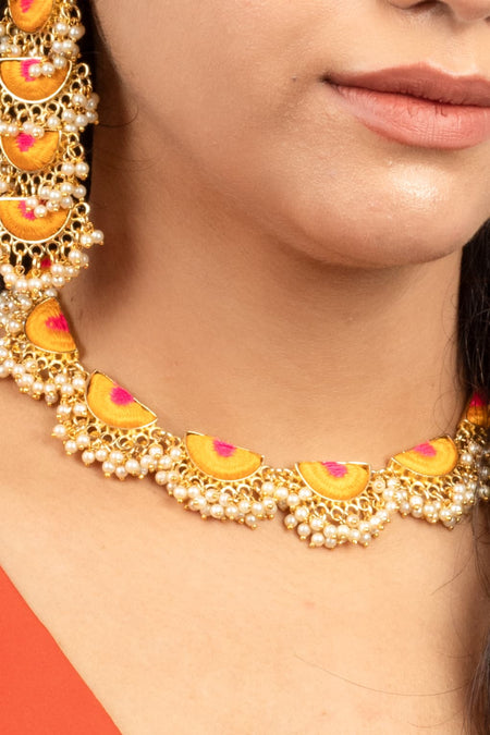 (Only Necklace) Sunburst Symphony Mustard & Hot Pink Necklace - Image 2