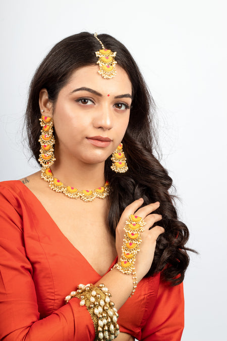 (Only Necklace) Sunburst Symphony Mustard & Hot Pink Necklace - Image 1