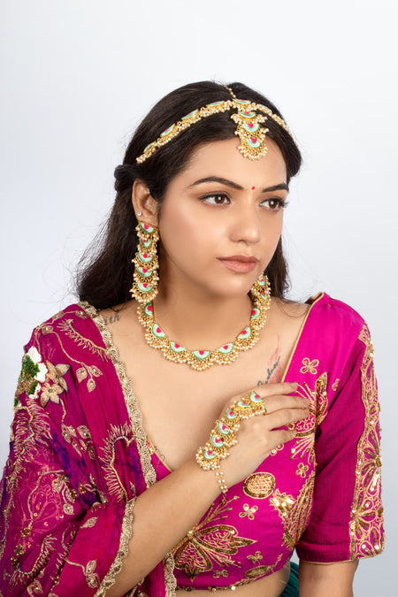 (Only Necklace)Mint Petal & Lotus Pink Embroidered Haldi Necklace - Image 1