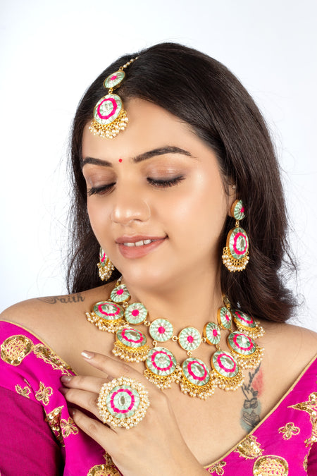 (Only Necklace) Arctic Blossom Gold Finished Embroidered Necklace For Pre-Bridal Occasions - Mint Blue - Image 1