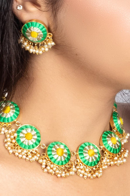 (Only Necklace) Scarlet Green & Lime Yellow Silk Embroidered Necklace For Celebration - Image 2