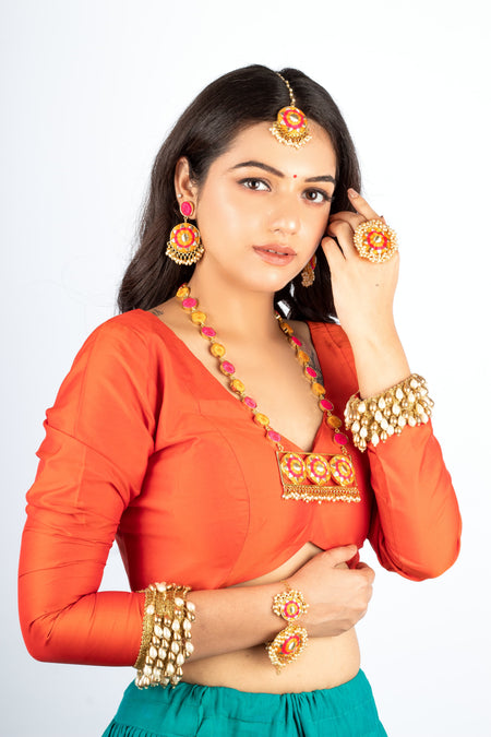 (Only Necklace) Golden Daffodil Mustard & Pink Silk Thread Embroidered Necklace For Pre-Wedding - Image 1