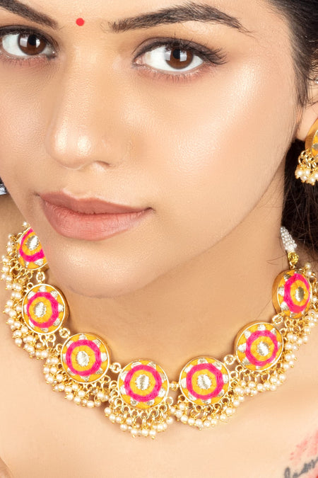 (Only Necklace) Golden Marigold Mustard and Pink Embroidered Necklace - Image 2