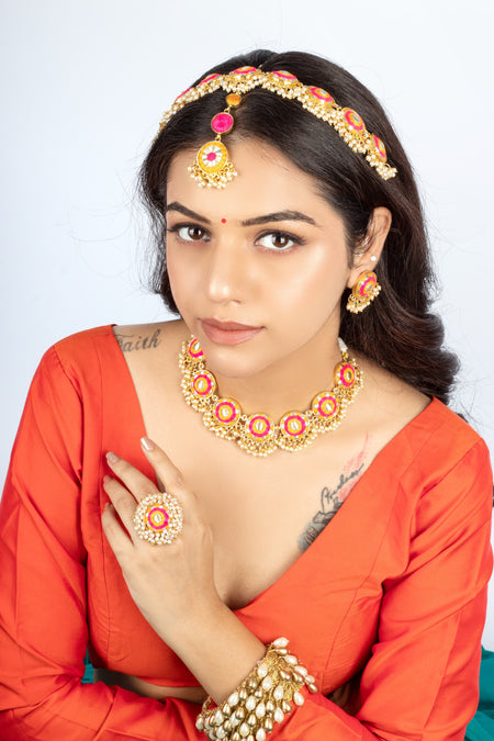 (Only Necklace) Golden Marigold Mustard and Pink Embroidered Necklace - Image 1