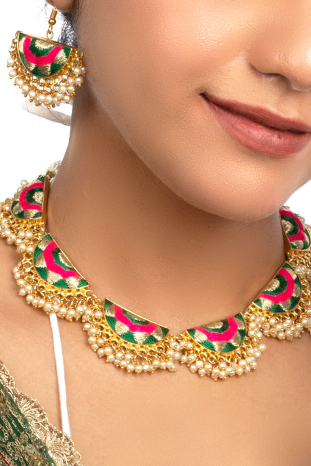 (Only Necklace) Emerald Fern Semi Circular Necklace Embellished in Dark Green Silk Embroidery - Image 2