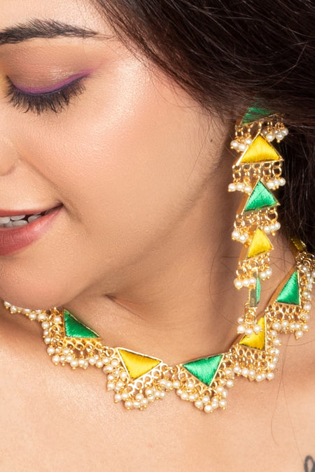 (Only Necklace) Green Willow And Lime Yellow Silk Embroidered Festive Necklace - Image 2