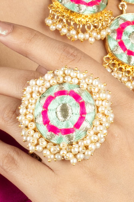 Mint Blossom Mint Blue & Hot Pink Silk Embroidered Ring - Image 2