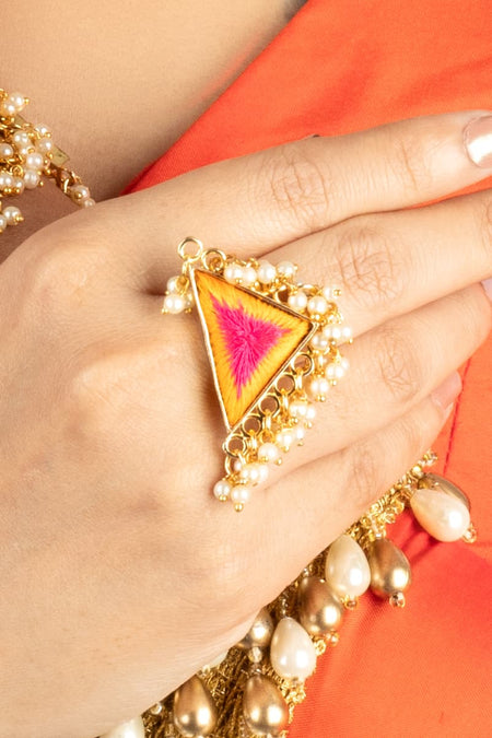 Marigold Bloom Mustard Yellow & Hot Pink Silk Thread Ring - Image 2