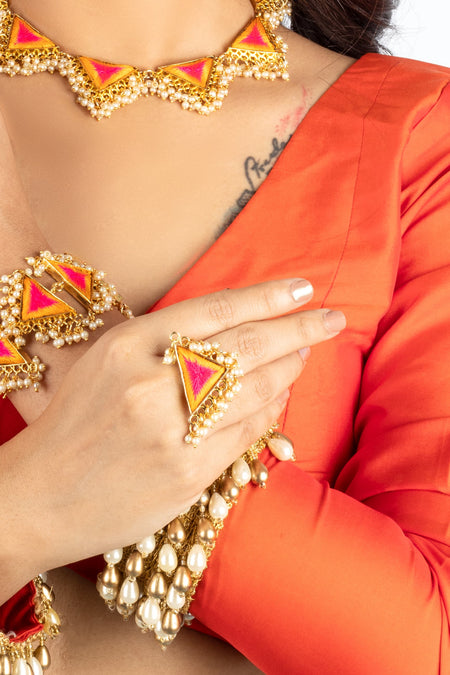 Marigold Bloom Mustard Yellow & Hot Pink Silk Thread Ring - Image 1