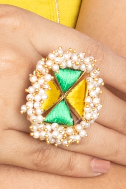 Lemon Twsit Yellow And Lucite Green Silk Embroidered Rings - Image 2