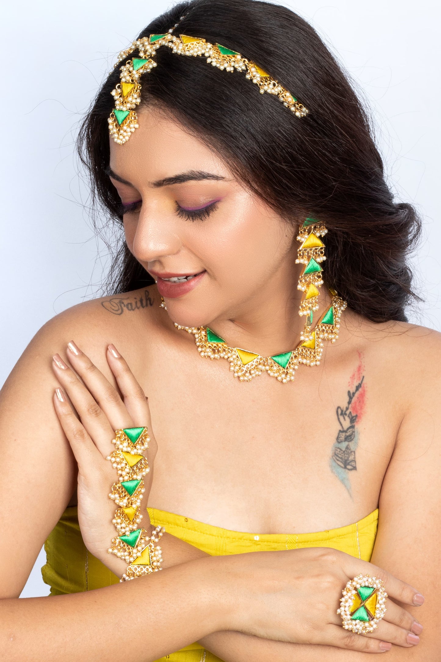 Lemon Twsit Yellow And Lucite Green Silk Embroidered Rings