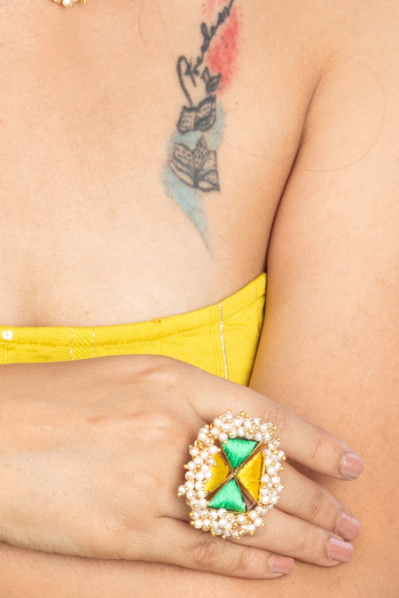 Lemon Twsit Yellow And Lucite Green Silk Embroidered Rings - Image 1