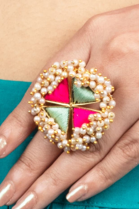 Azure Mist Mint Blue & Hot Pink  Silk Embroidered Ring - Image 3