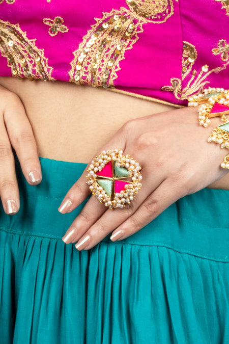 Azure Mist Mint Blue & Hot Pink  Silk Embroidered Ring - Image 2