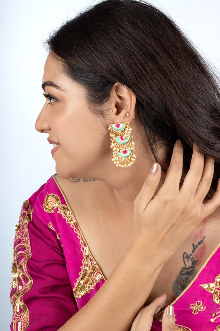 Geometric Mint & Palace Pink Embroidered Dangler Earrings for Indian Festivals----image