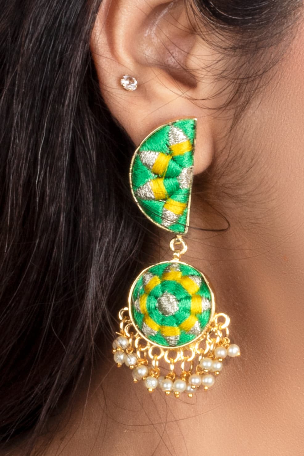 Clover Green In Embroidered Gold Finish Circle Earrings