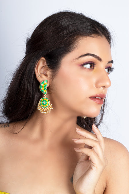 Clover Green In Embroidered Gold Finish Circle Earrings----image